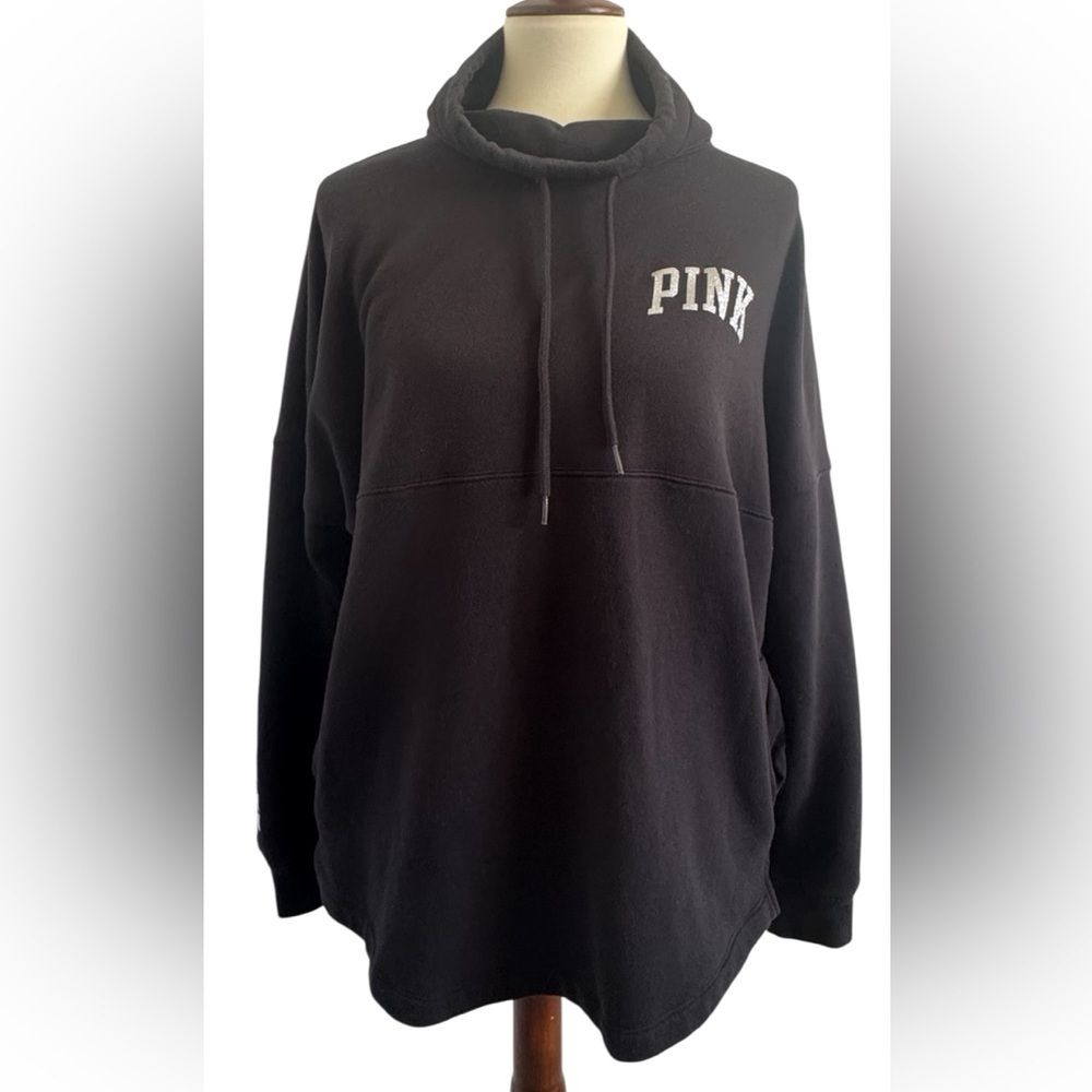 PINK Victoria's Secret Black Varsity Cowl Oversized Logo Sweatshirt Size Medium